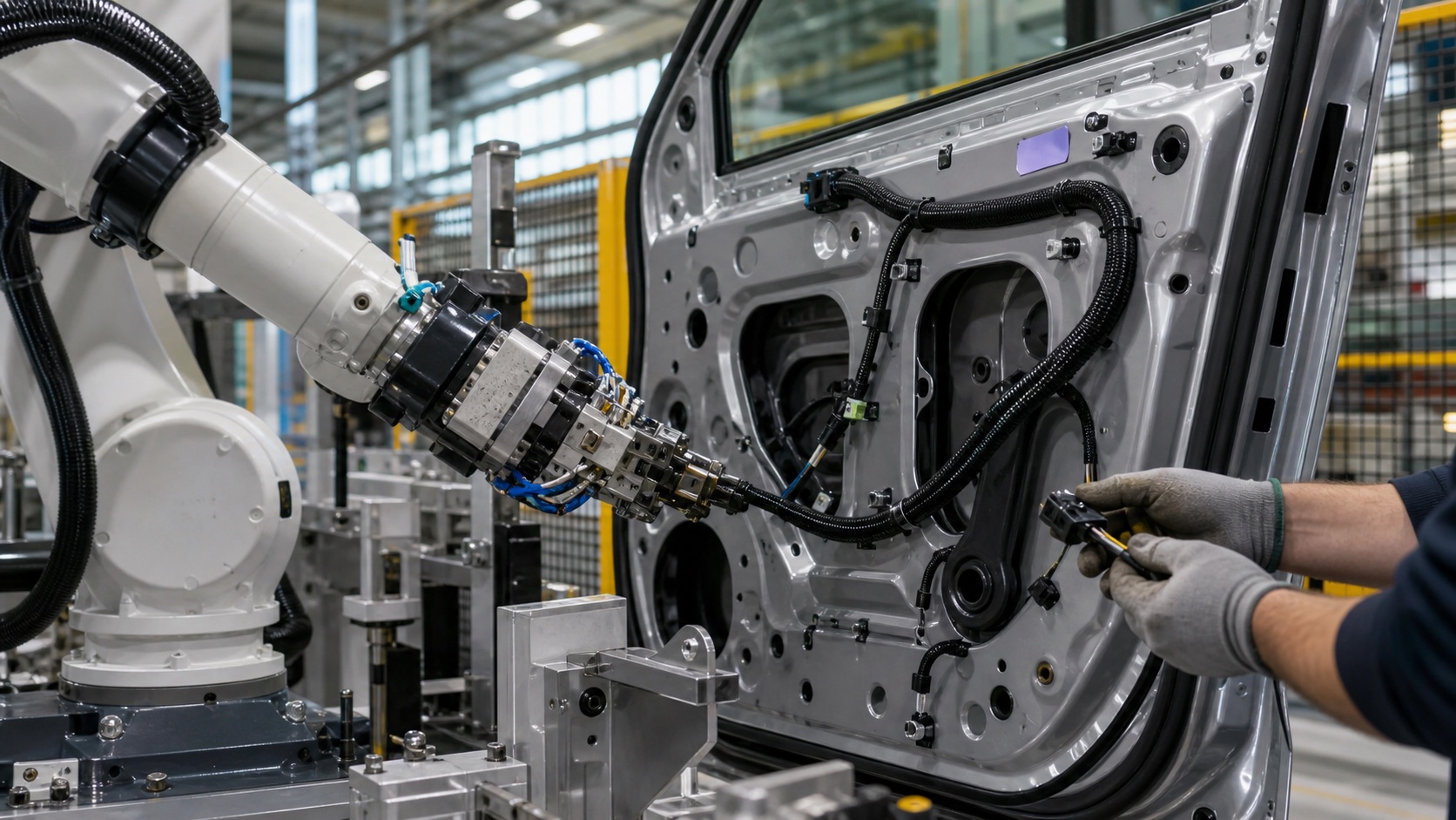 An industrial robot routing a flexible wiring harness into a car door