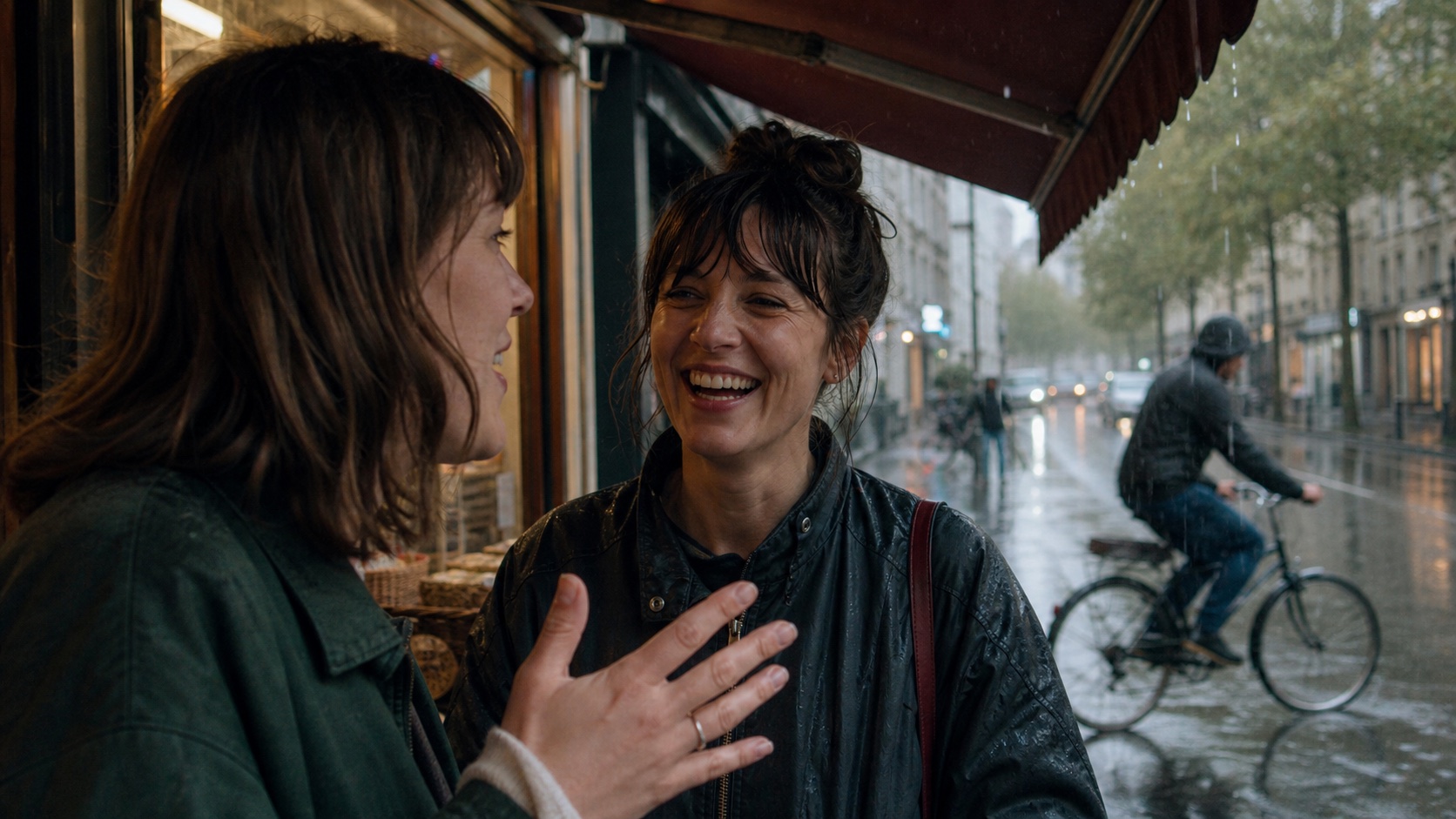 Natural dialogue, rain, and street movement in one documentary frame