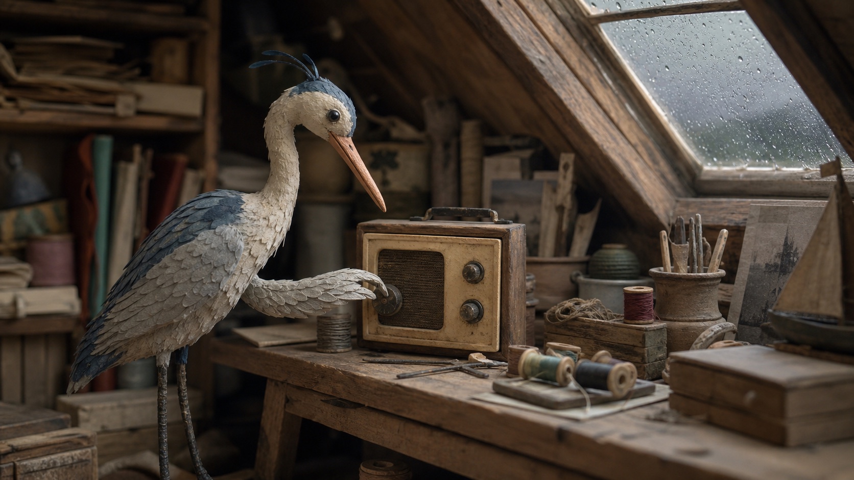 A tactile stop-motion character in a practical miniature set