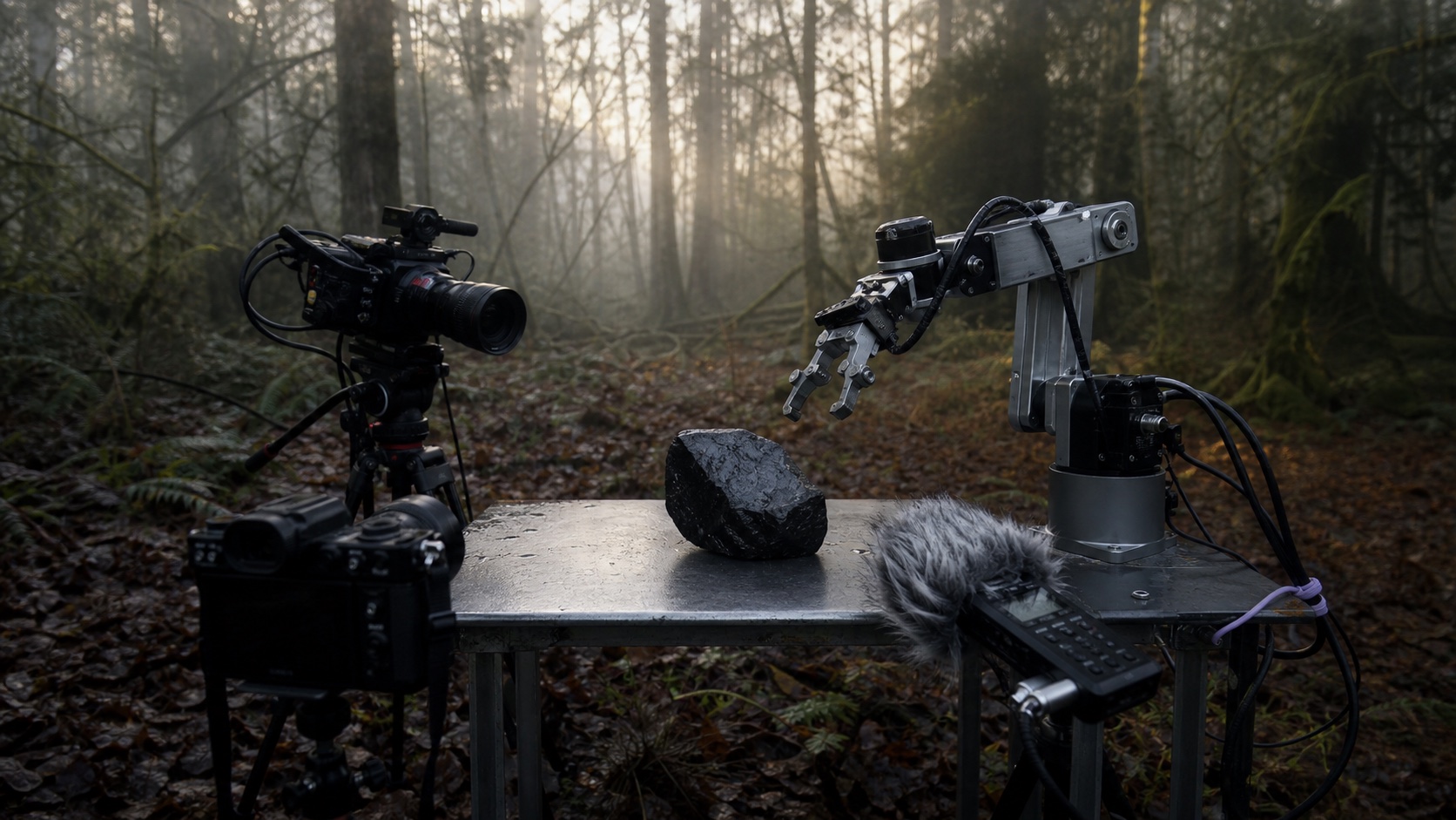 Cameras, an audio recorder, and a robot gripper observing one object